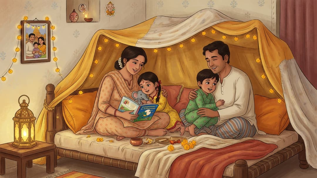 Family in a blanket fort